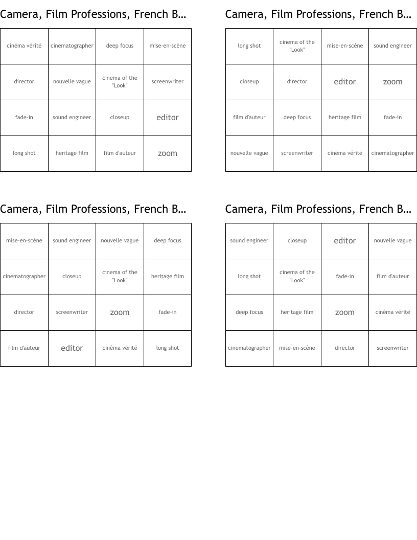Camera, Film Professions, French Borrowed Vocabulary Bingo Cards