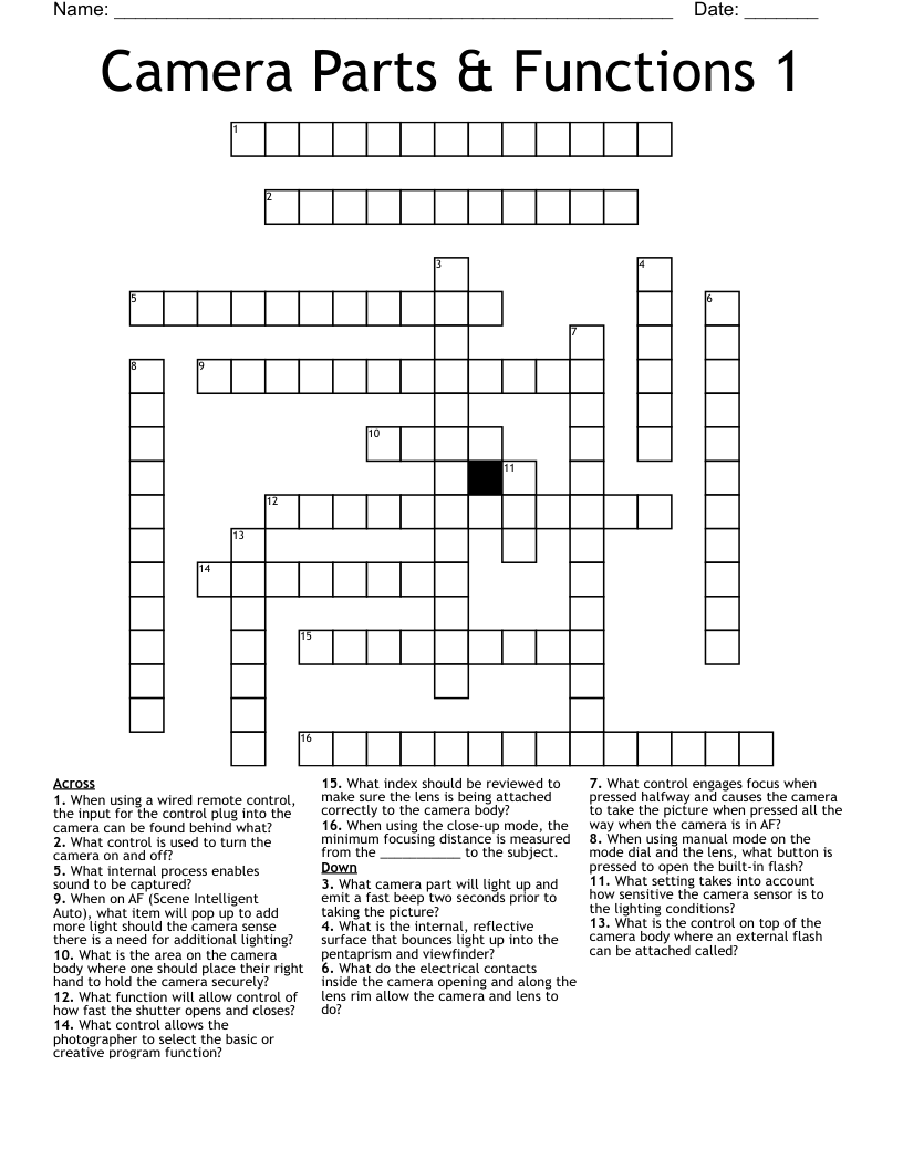 Camera Parts & Functions 1 Crossword