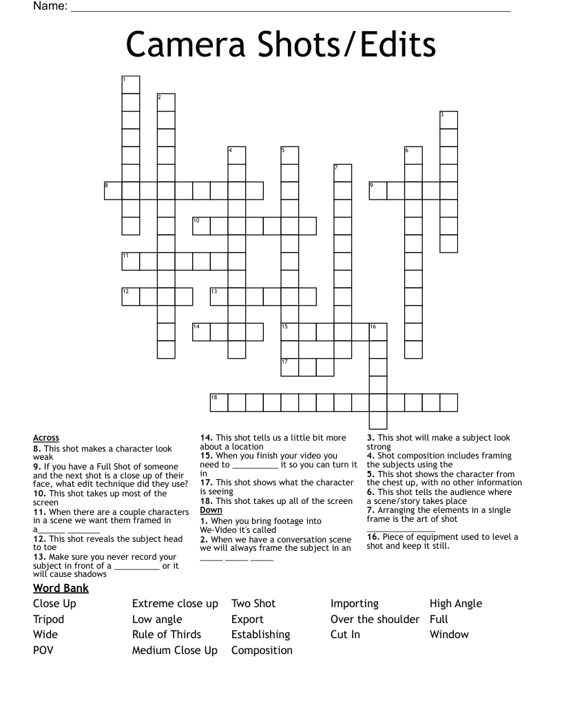 Camera Shots/Edits  Crossword