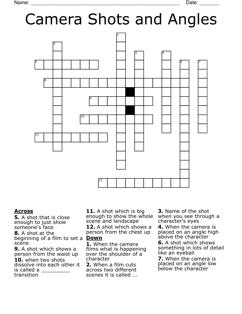 Camera Shots and Angles Crossword