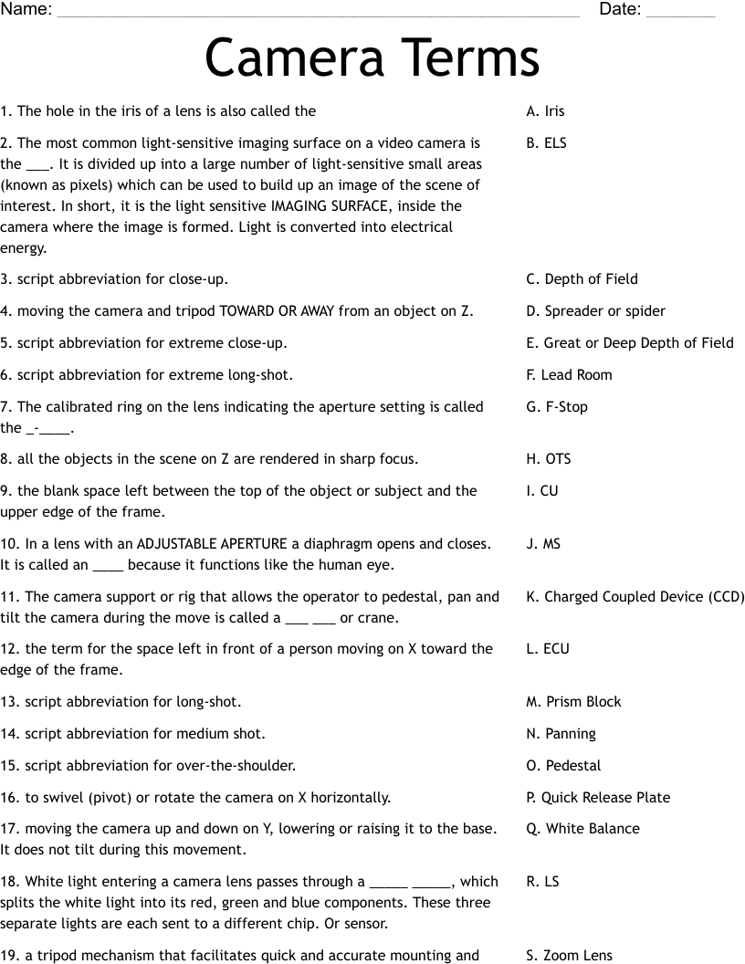 Camera Terms Worksheet