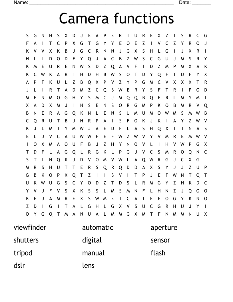 Camera functions Word Search