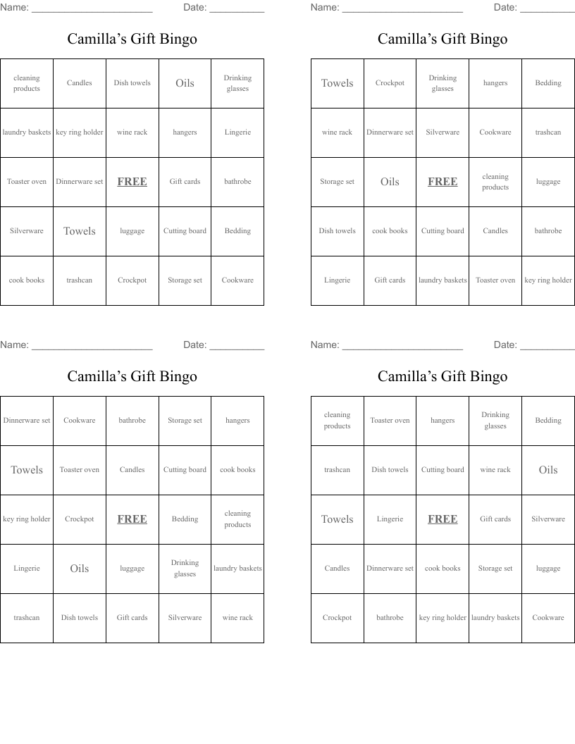 Camilla’s Gift Bingo 