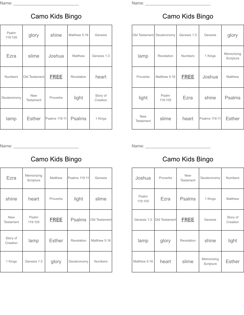 Camo Kids Bingo