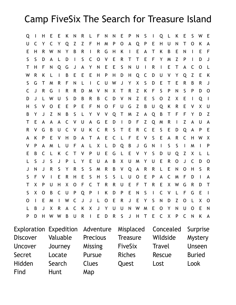 Camp FiveSix The Search for Treasure Island Word Search