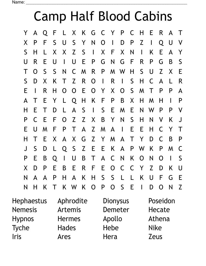 Camp Half Blood Cabins Word Search