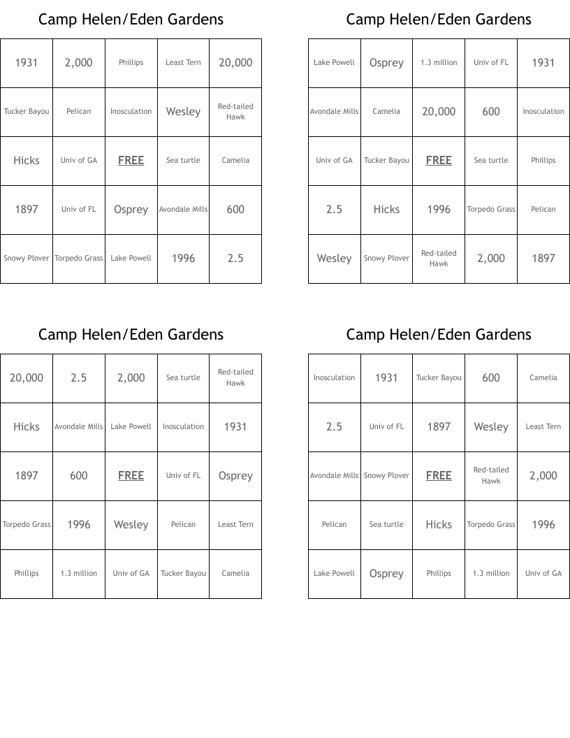 Camp Helen/Eden Gardens Bingo Cards