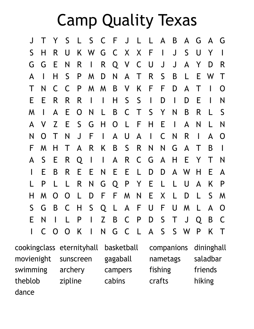 Camp Quality Texas Word Search