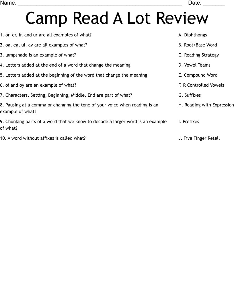 Camp Read A Lot Review Worksheet