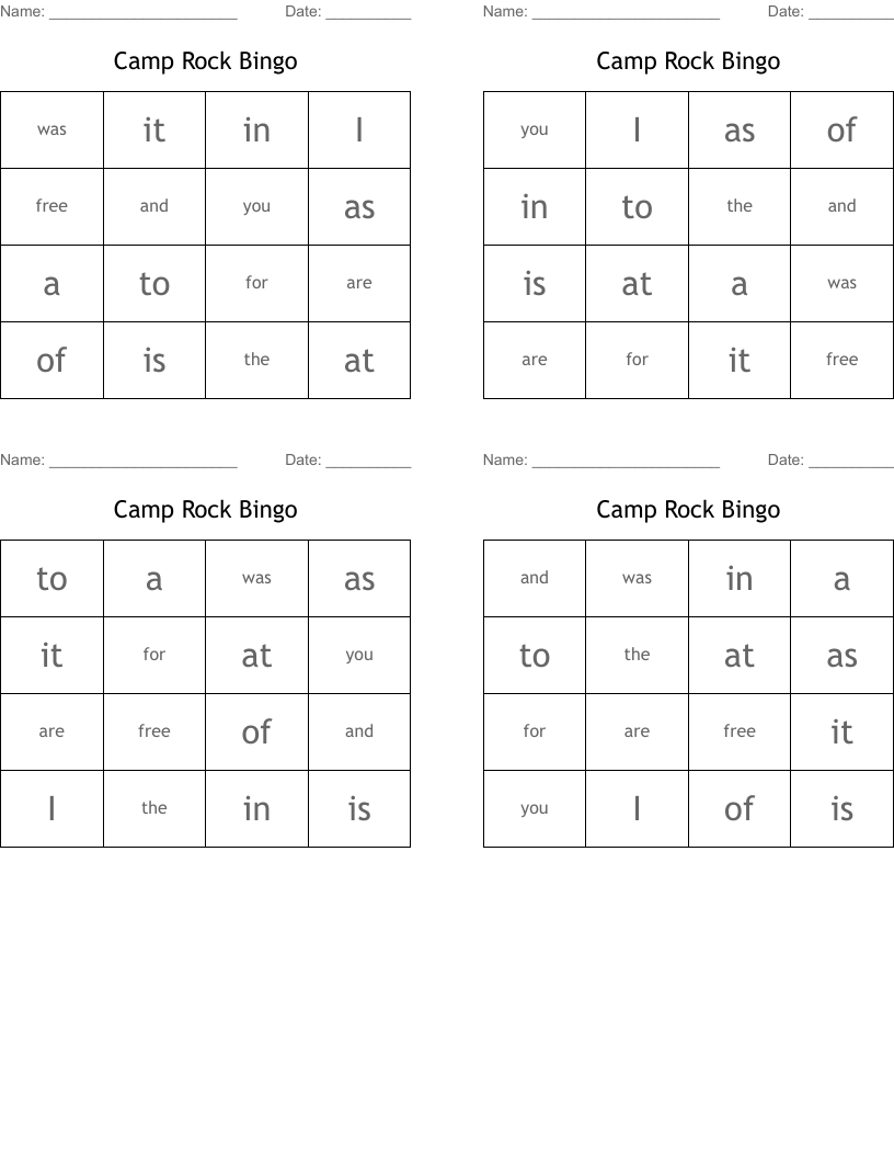 Camp Rock Bingo