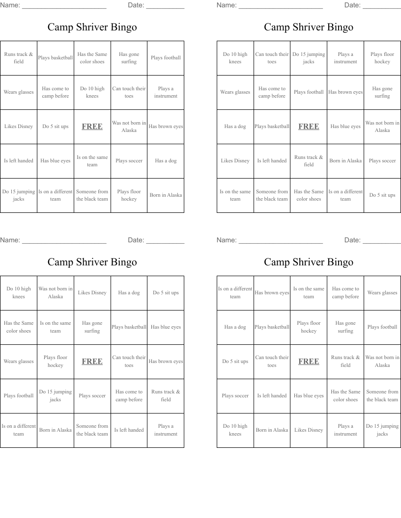 Camp Shriver Bingo 
