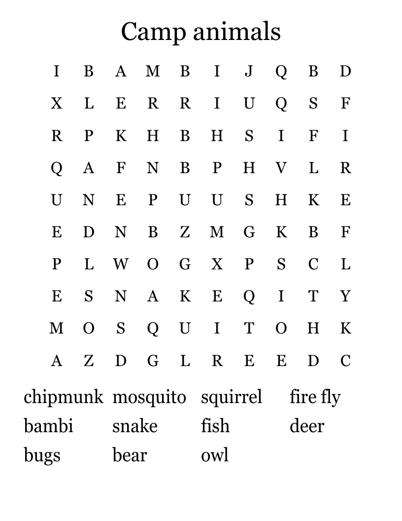 Camp animals Word Search
