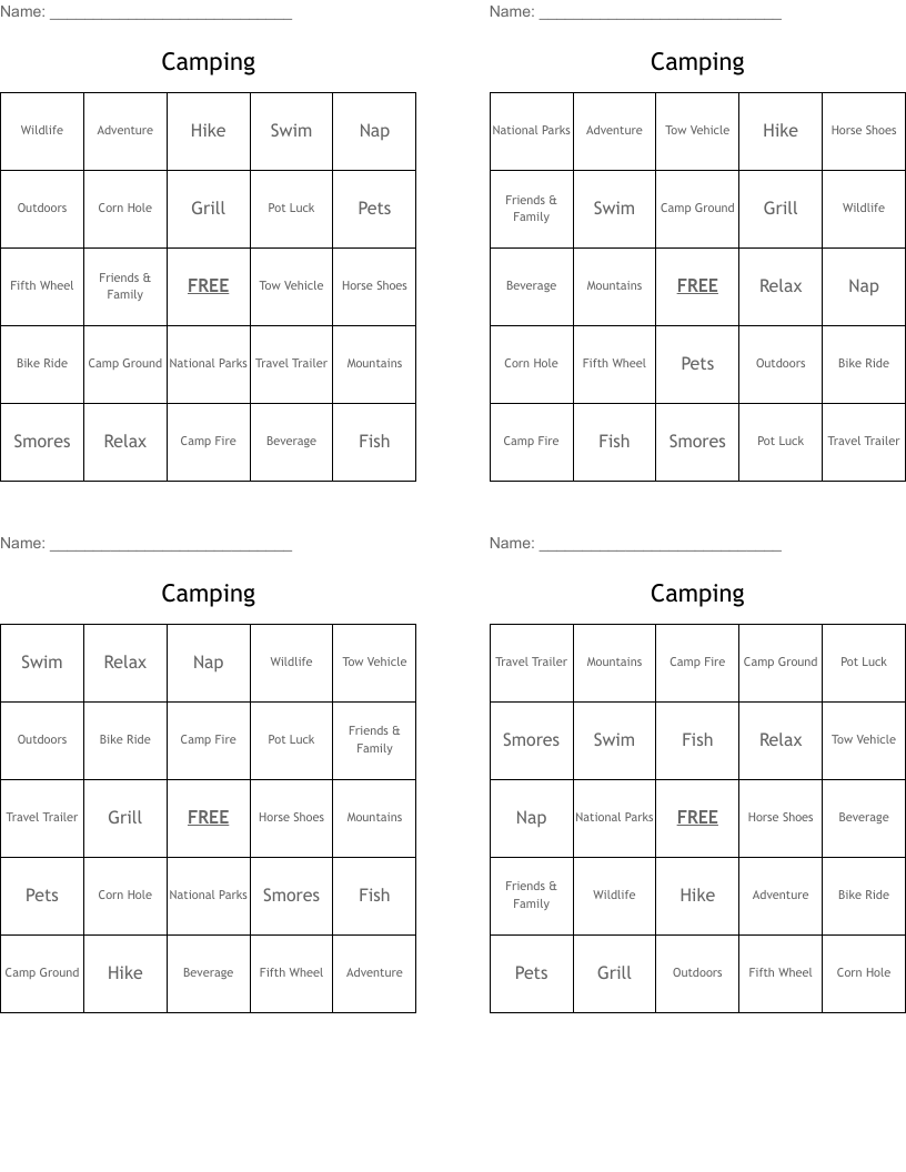 Camping Bingo Cards