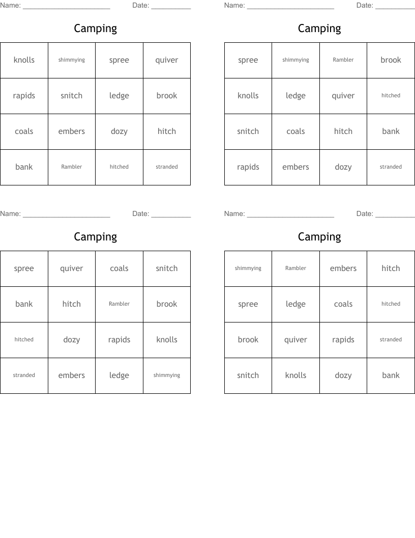 Camping Bingo Cards