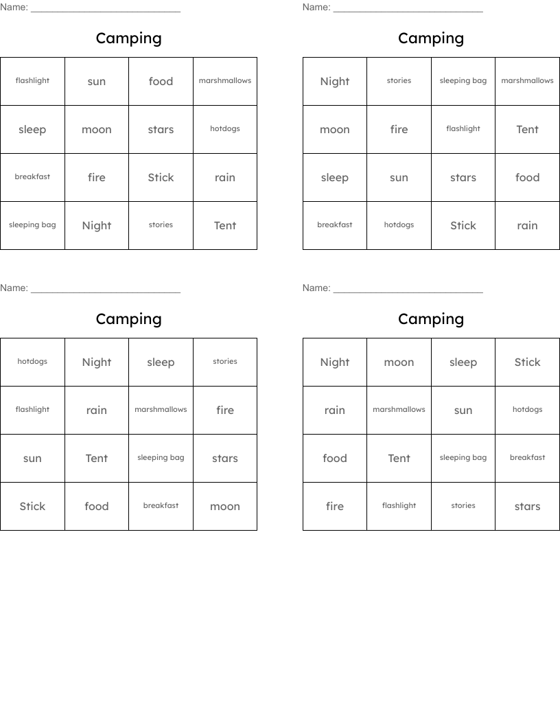 Camping Bingo Cards