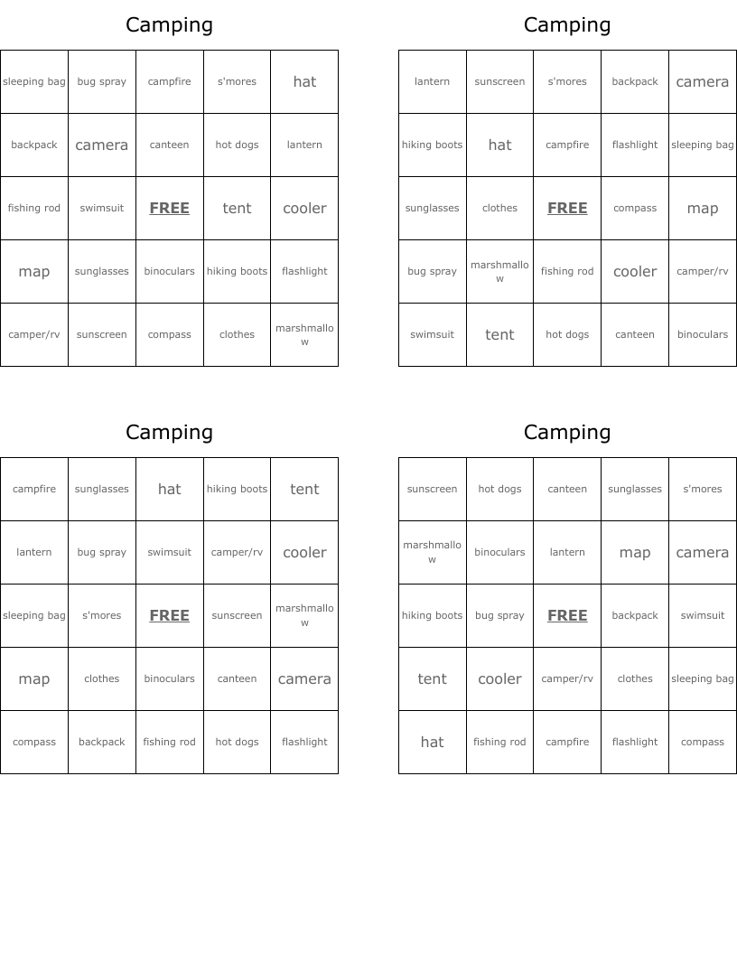 Camping Bingo Cards