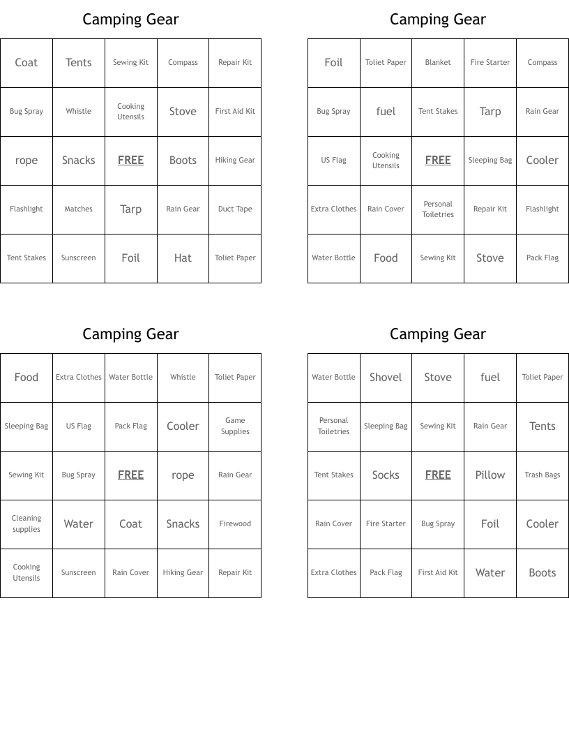 Camping Gear Bingo Cards