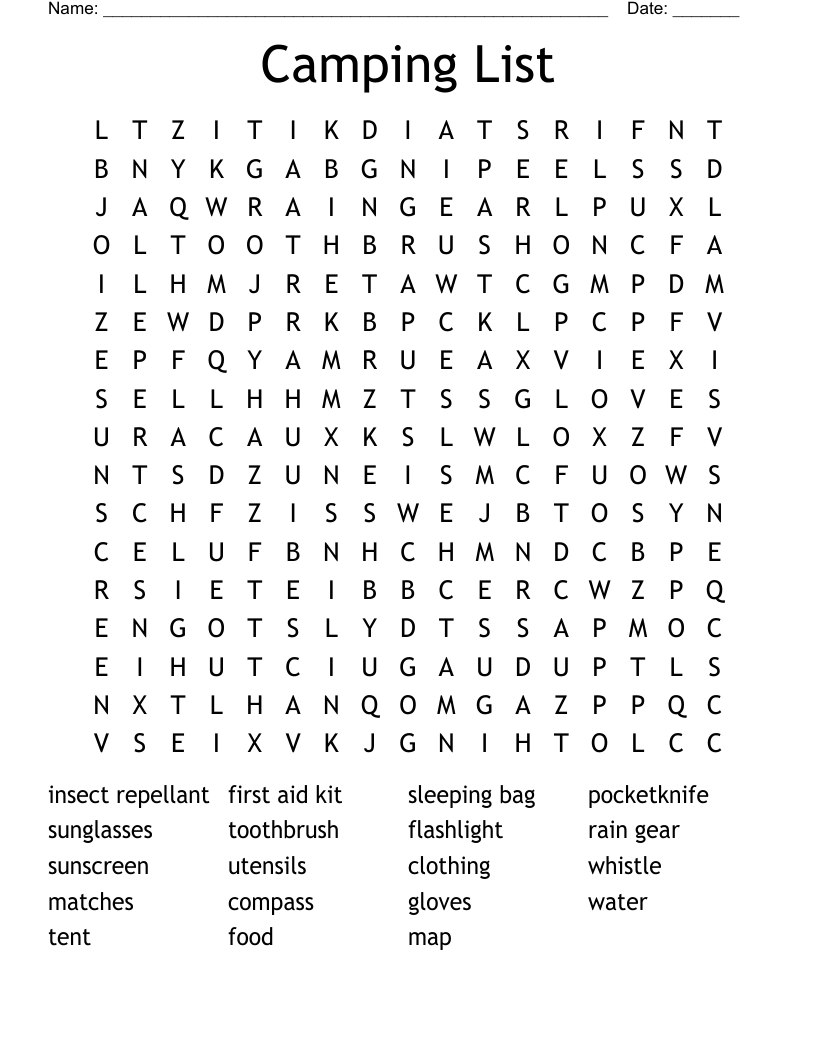Camping List Word Search