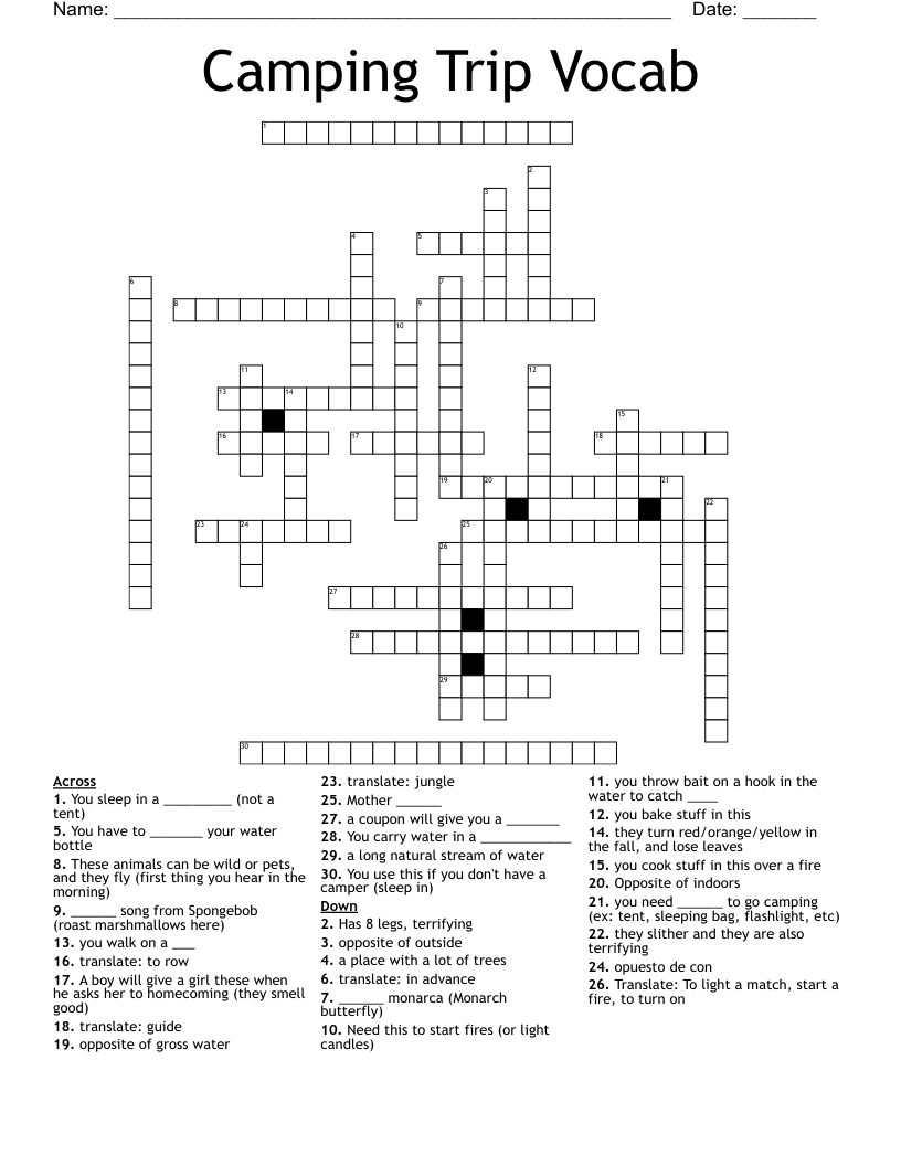 Camping Trip Vocab Crossword