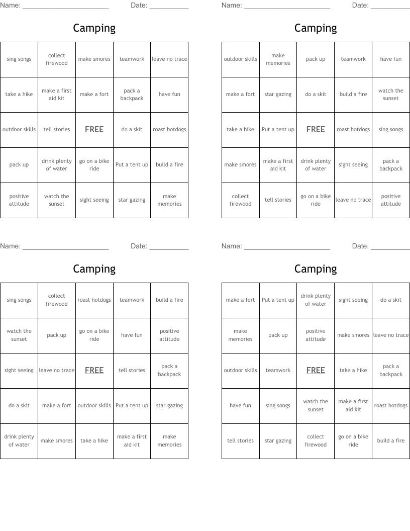 Camping  Bingo Cards