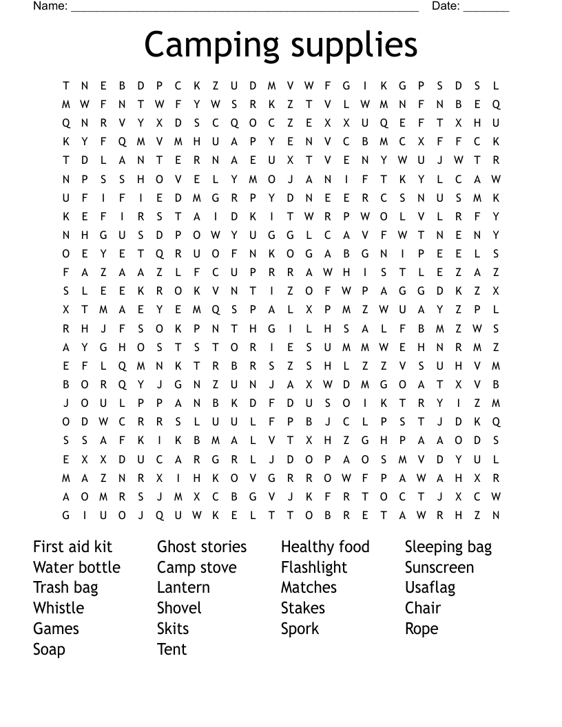 Camping supplies Word Search