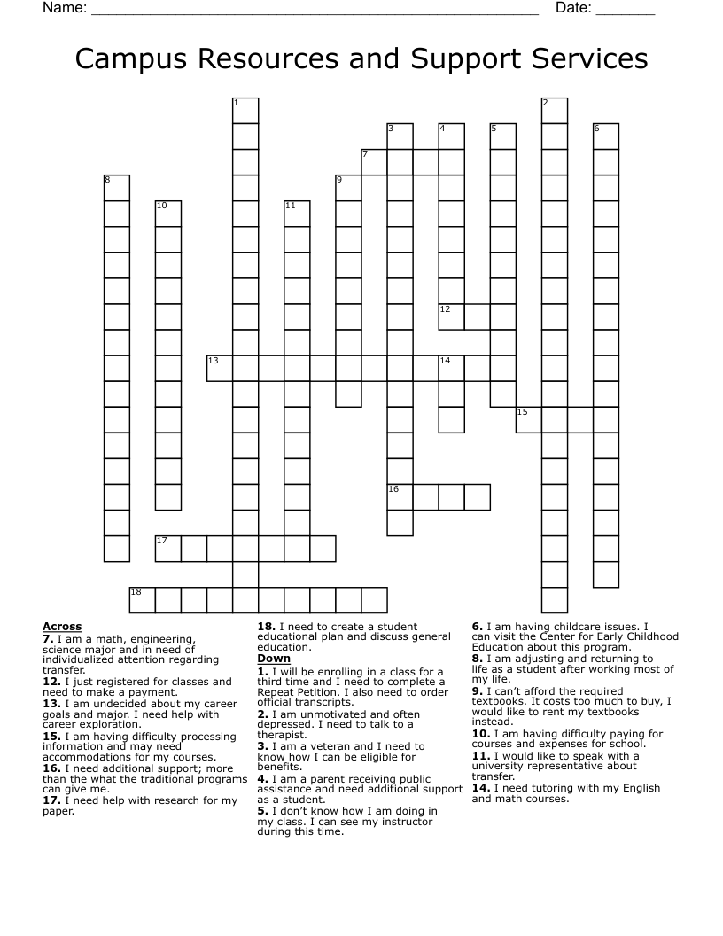 Campus Resources and Support Services Crossword