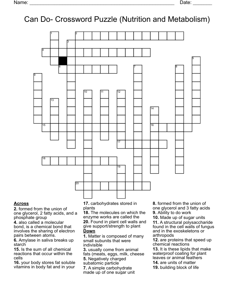 Can Do- Crossword Puzzle (Nutrition and Metabolism)