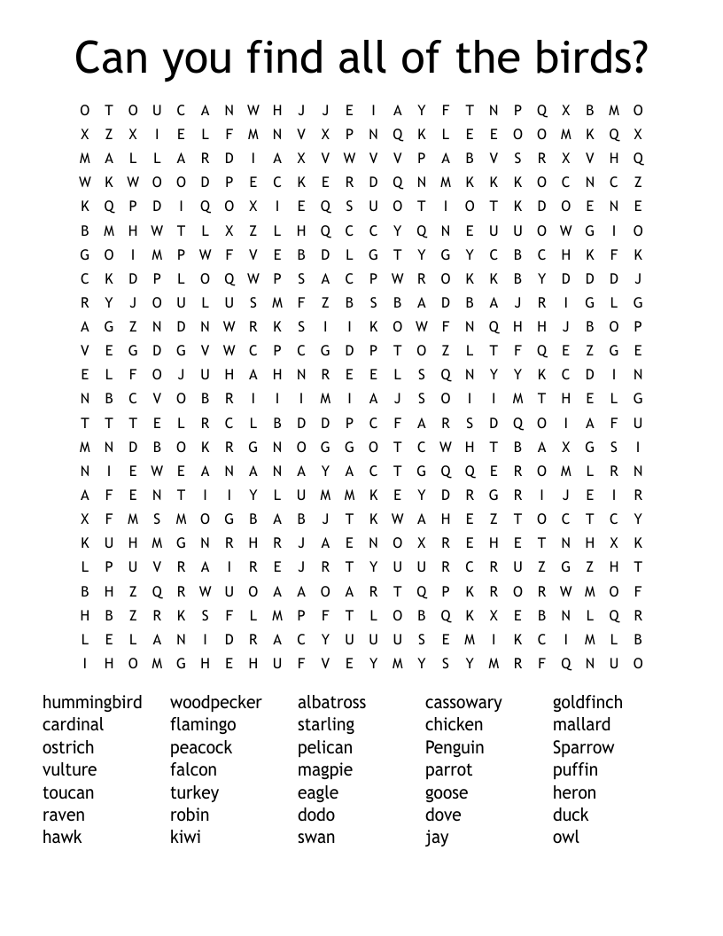 Can you find all of the birds? Word Search