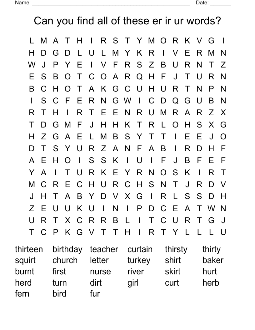 Can you find all of these  er  ir  ur   words? Word Search
