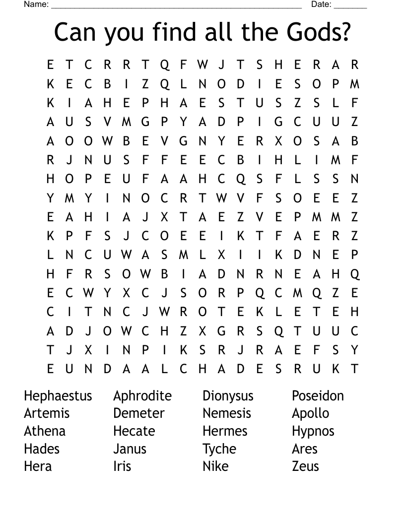 Can you find all the Gods? Word Search