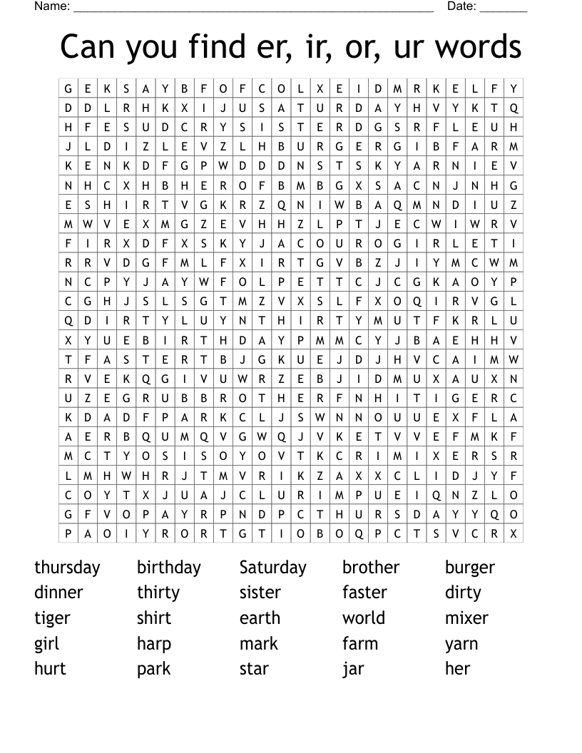 Can you find er, ir, or, ur words Word Search
