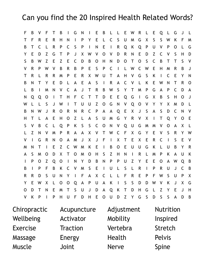 Can you find the 20 Inspired Health Related Words? Word Search