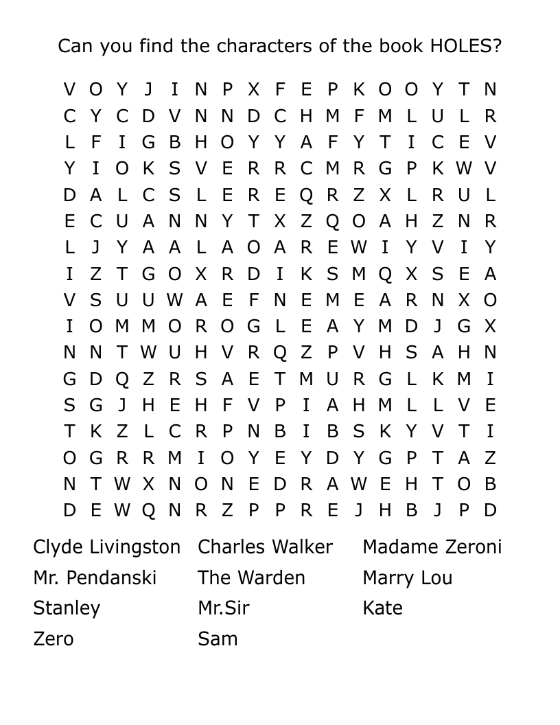 Can you find the characters of the book HOLES? Word Search