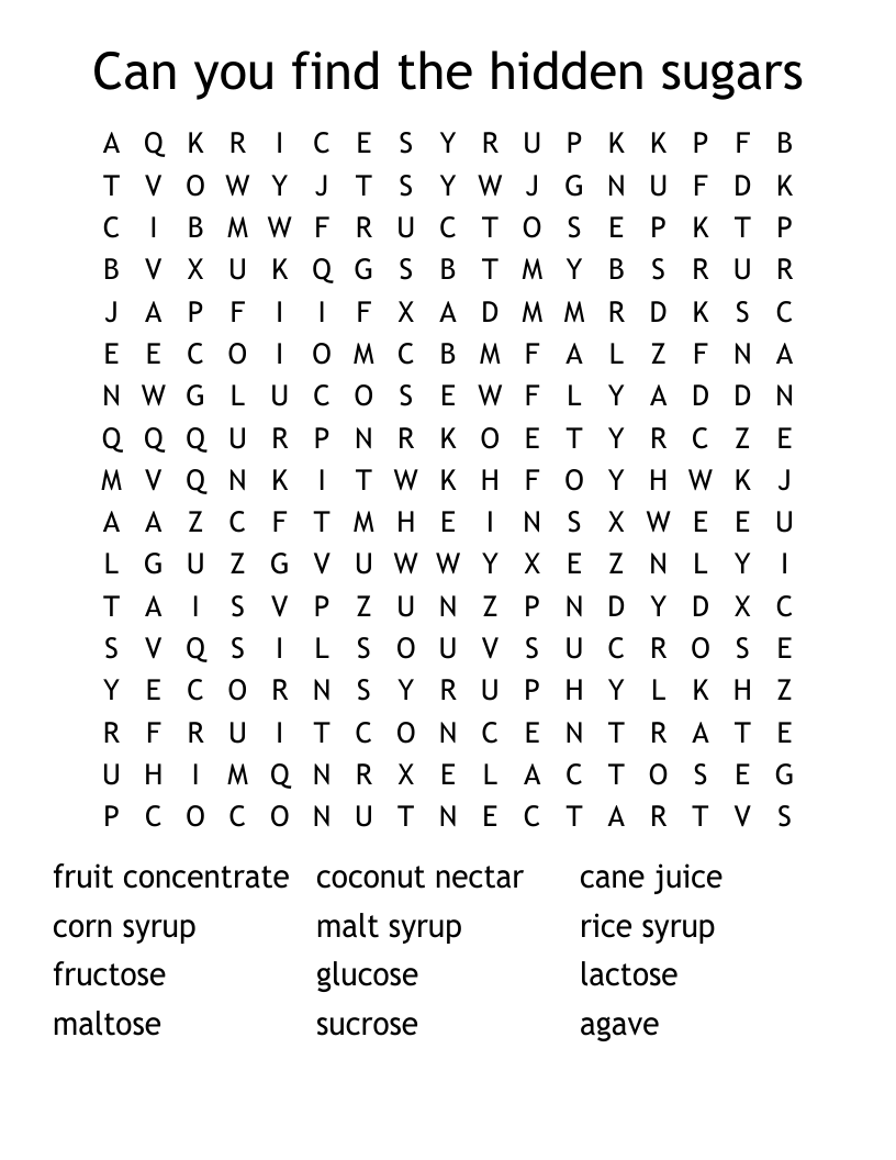 Can you find the hidden sugars Word Search
