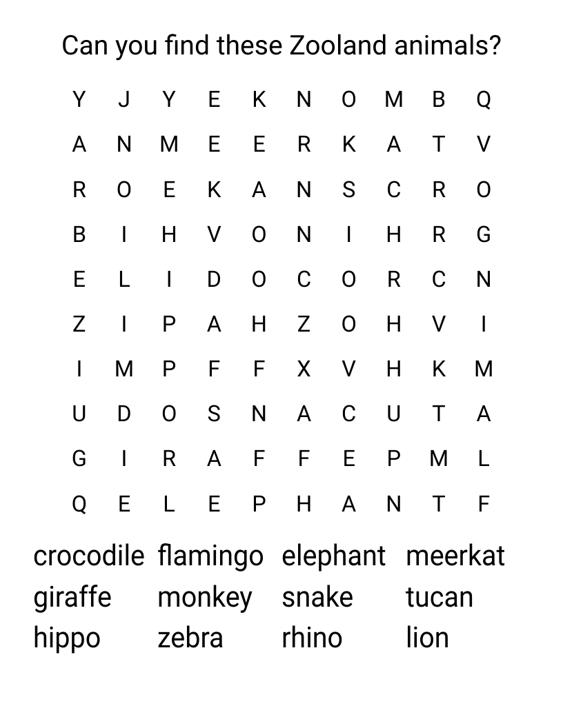 Can you find these Zooland animals?  Word Search