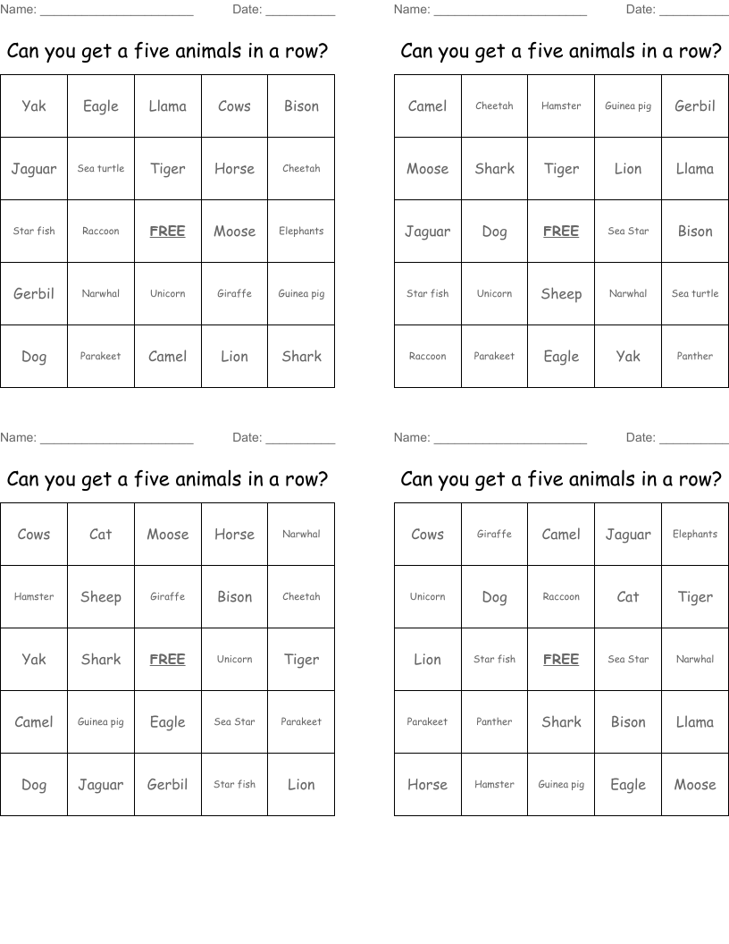 Can you get a five animals in a row? Bingo Cards