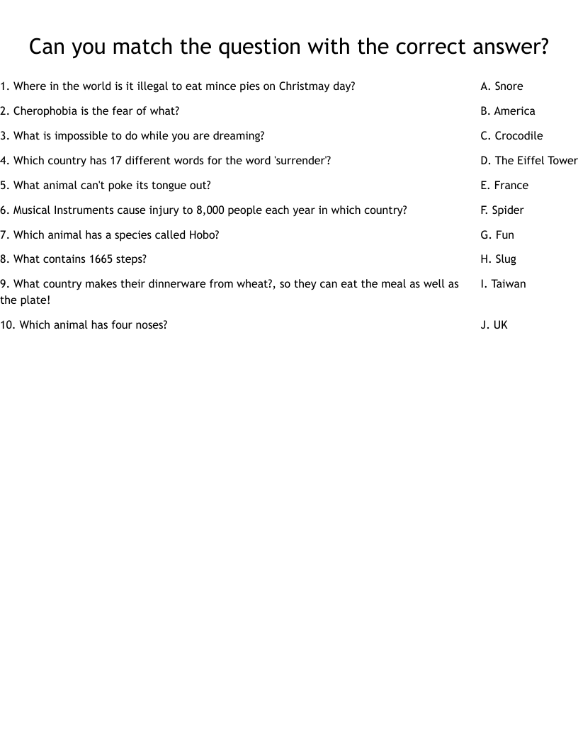 Can you match the question with the correct answer? Worksheet