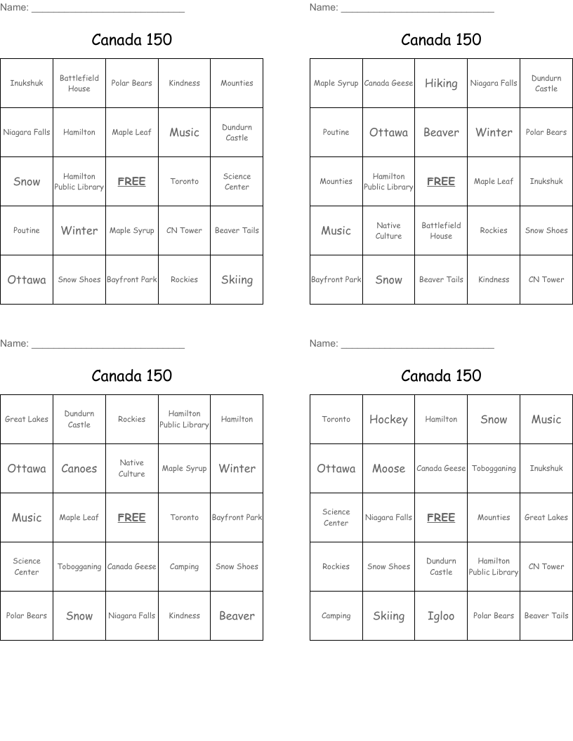 Canada 150 Bingo Cards
