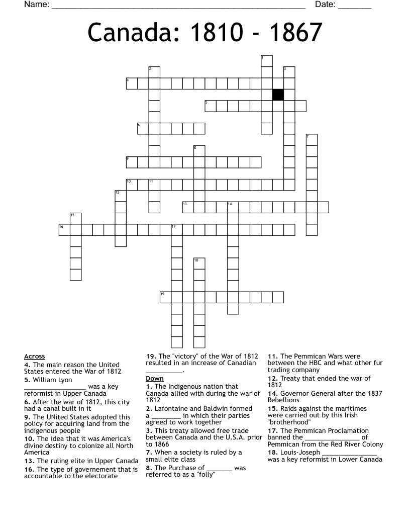 Canada: 1810 - 1867 Crossword