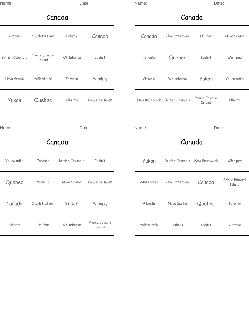 Canada Bingo Cards