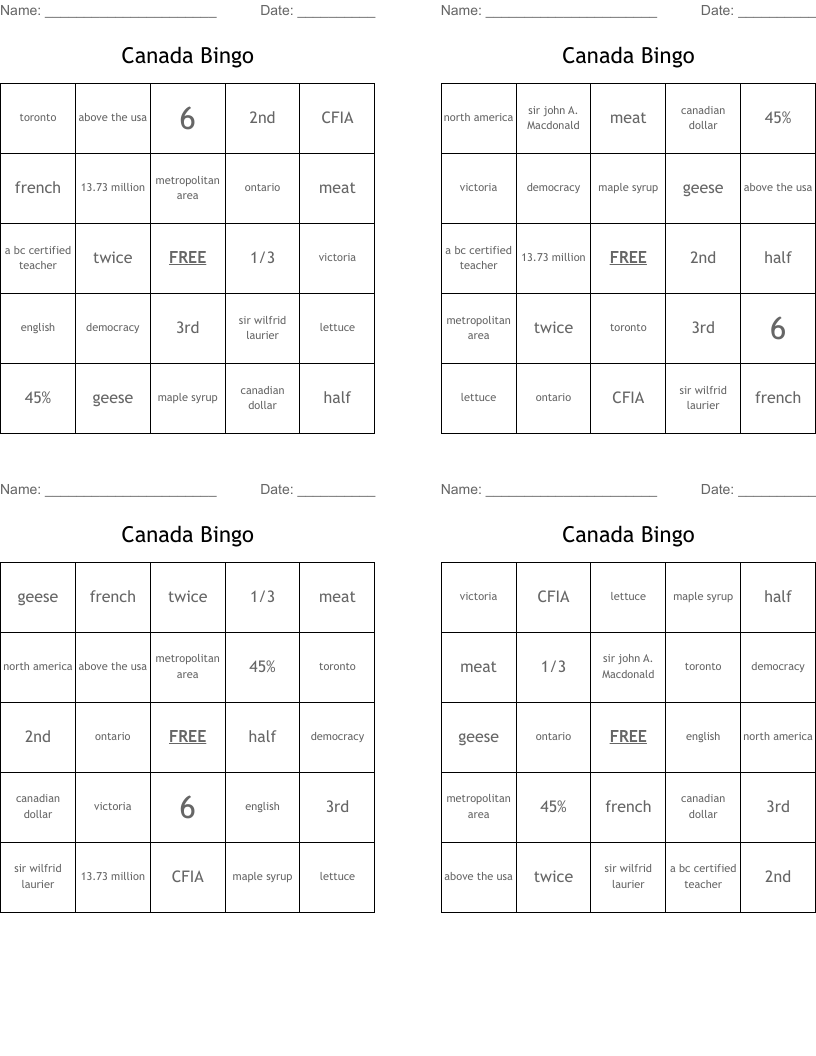Canada Bingo