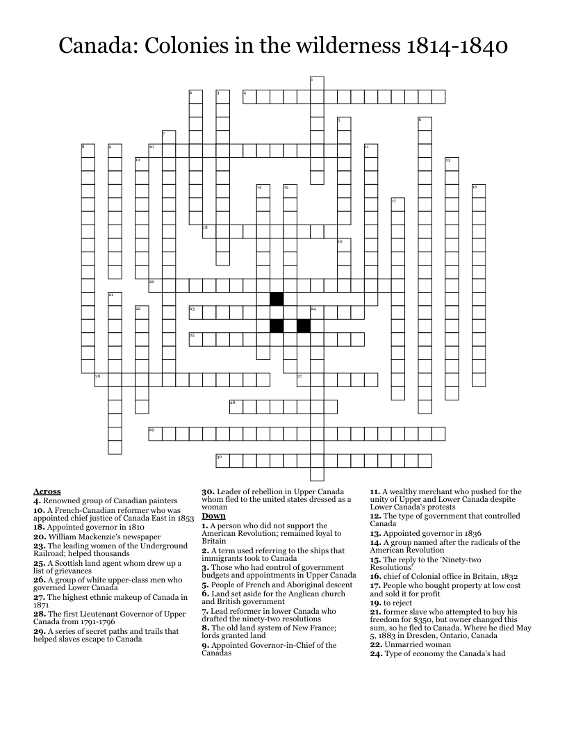 Canada: Colonies in the wilderness 1814-1840 Crossword