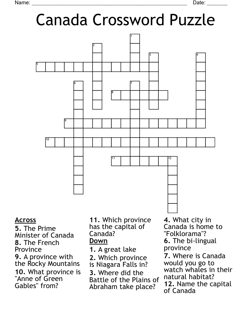 Canada Crossword Puzzle