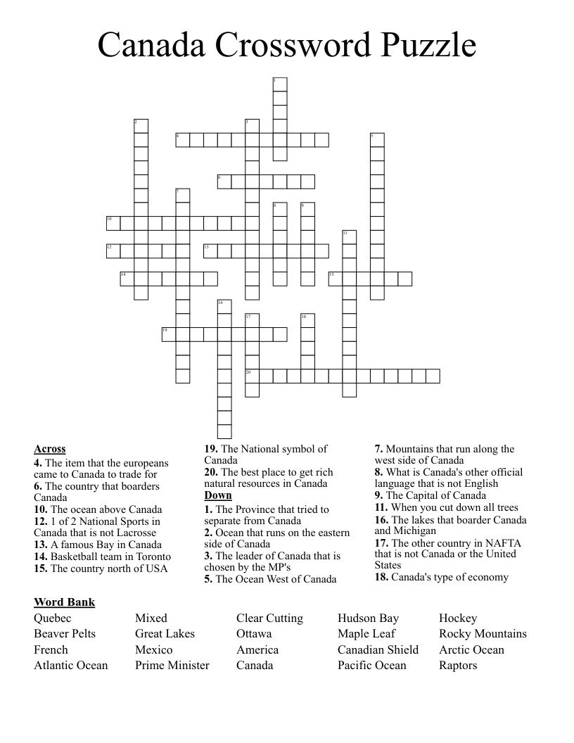 Canada Crossword Puzzle 