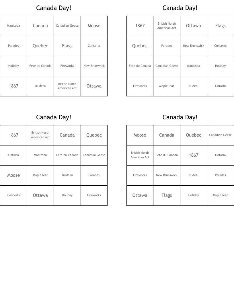 Canada Day! Bingo Cards