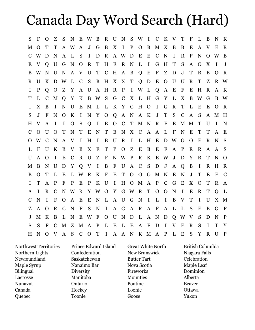 Canada Day Word Search (Hard)