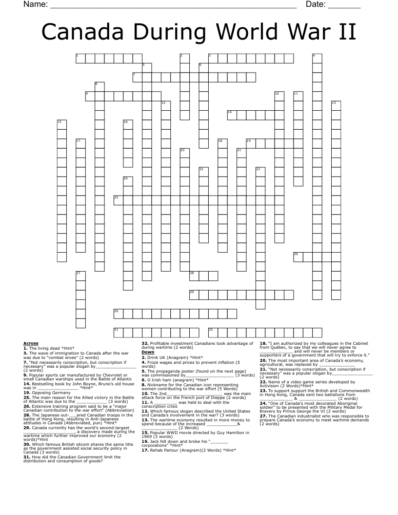 Canada During World War II Crossword