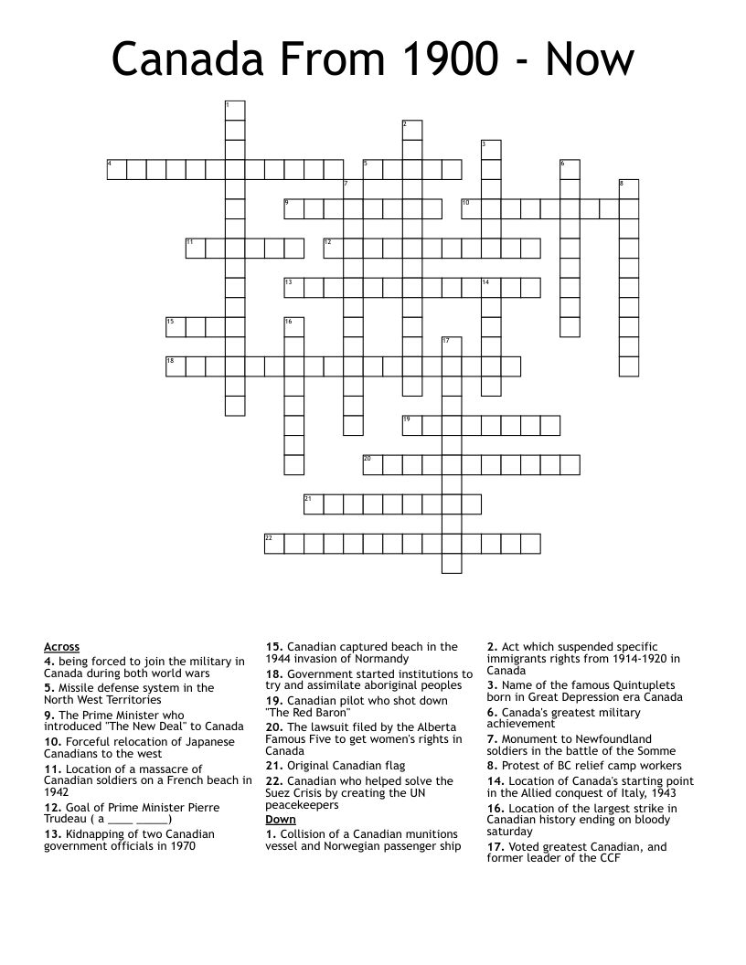 Canada From 1900 - Now Crossword