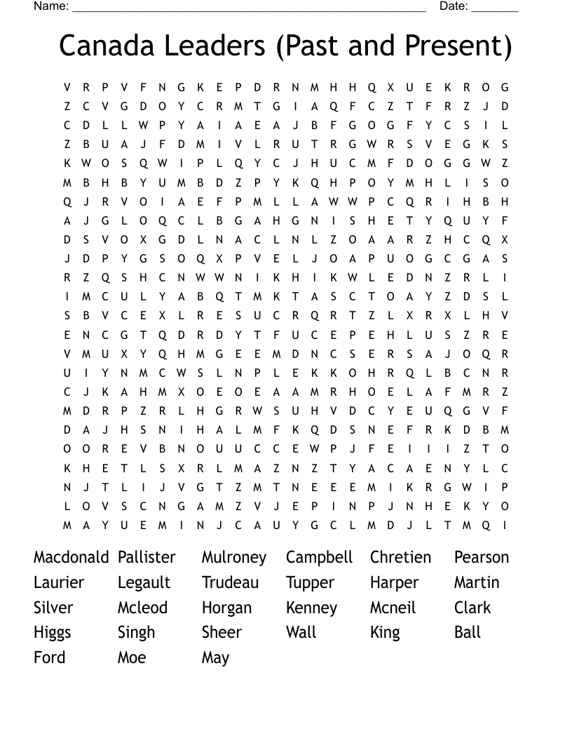 Canada Leaders (Past and Present) Word Search