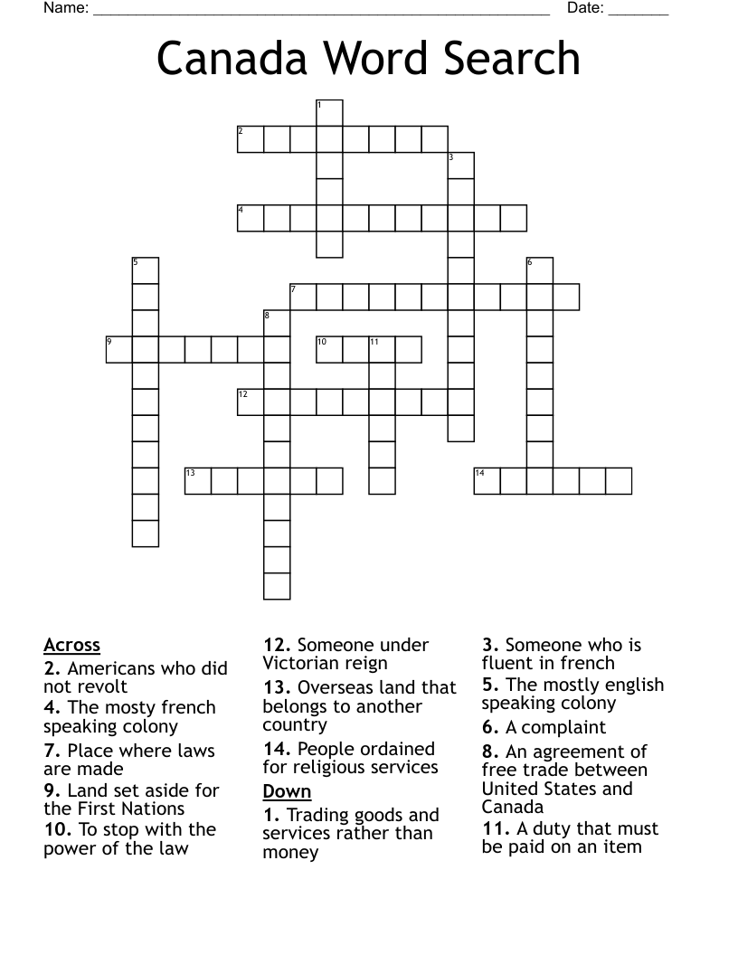 Canada Word Search Crossword
